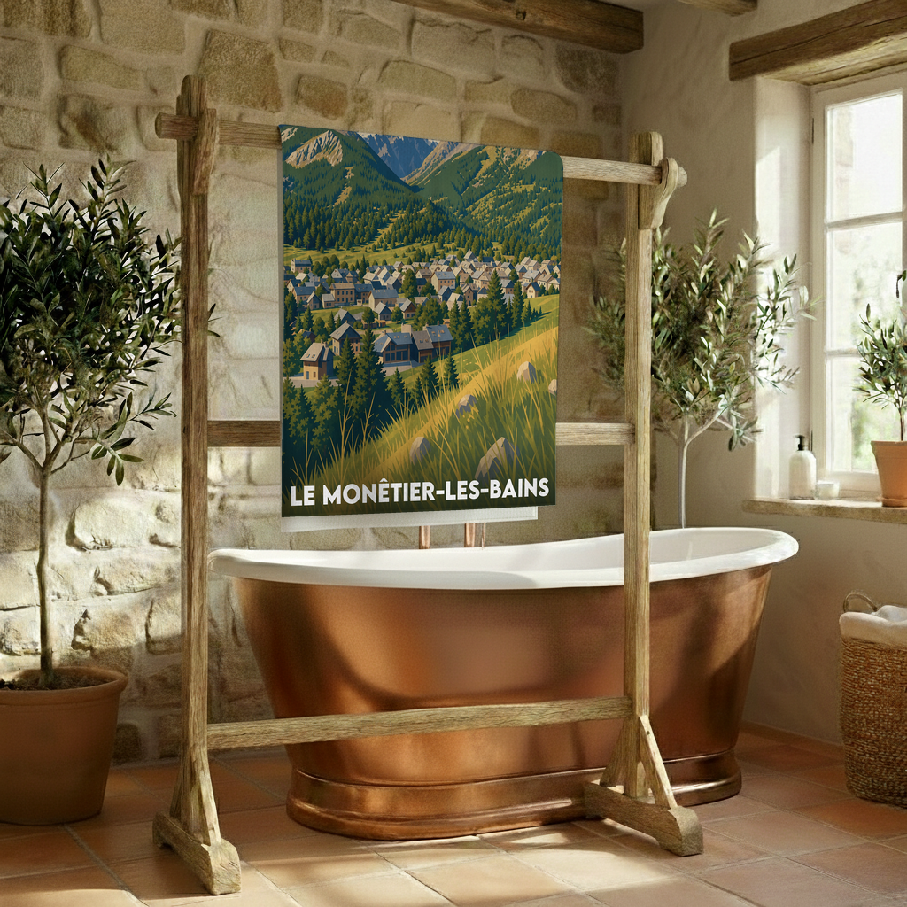 Serviette de bain souvenir de la ville de Le Monêtier-les-Bains avec une illustration stylisée de son paysage montagneux.