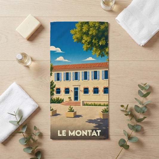 Serviette de bain souvenir de la ville de Le Montat avec une illustration stylisée.