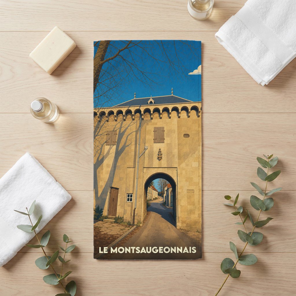Serviette de bain souvenir de la ville de Le Montsaugeonnais avec une illustration stylisée d'une porte médiévale.
