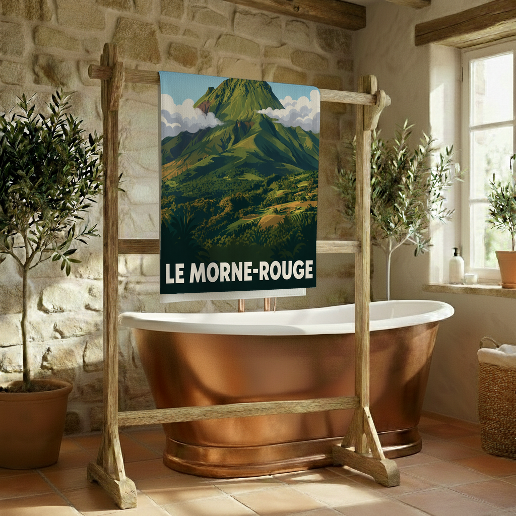 Serviette de bain souvenir de la ville de Le Morne-Rouge avec une illustration stylisée de montagne.