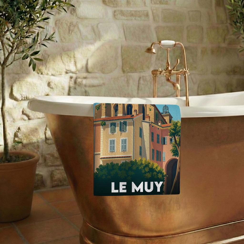 Serviette de bain souvenir de la ville de Le Muy avec une illustration stylisée.