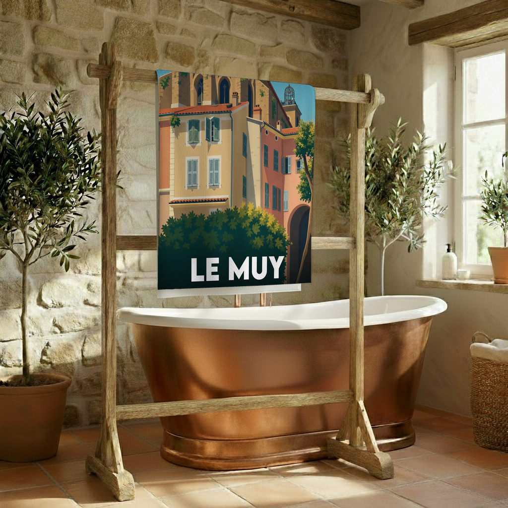 Serviette de bain souvenir de la ville de Le Muy avec une illustration stylisée.