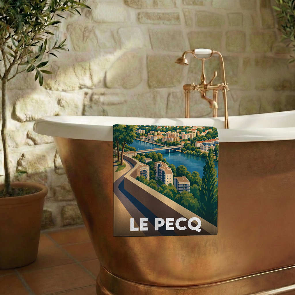Serviette de bain souvenir de la ville de Le Pecq avec une illustration stylisée.