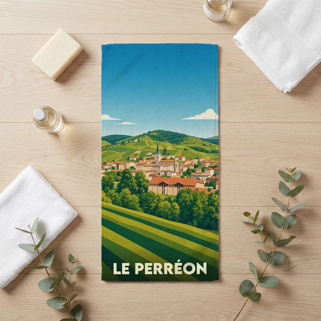 Serviette de bain souvenir de la ville de Le Perréon avec une illustration stylisée de ses vignobles.