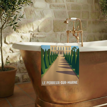 Serviette de bain souvenir de la ville de Le Perreux-sur-Marne avec une illustration stylisée.