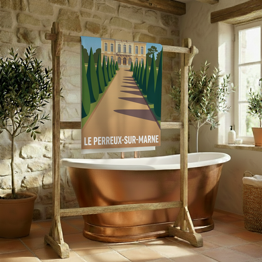 Serviette de bain souvenir de la ville de Le Perreux-sur-Marne avec une illustration stylisée.