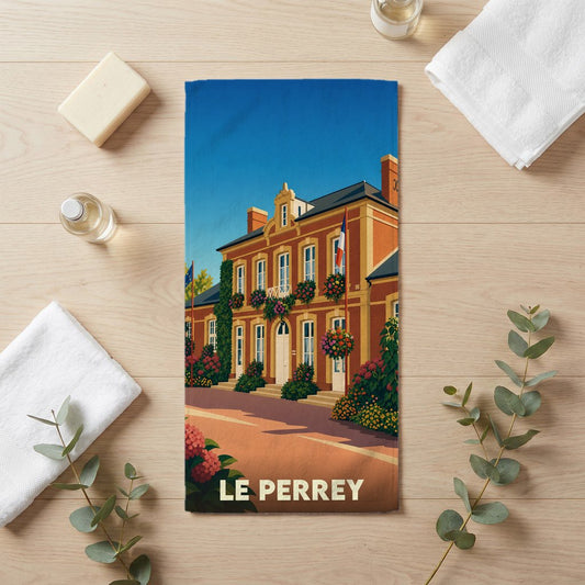 Serviette de bain souvenir de la ville de Le Perrey avec une illustration stylisée de sa mairie.