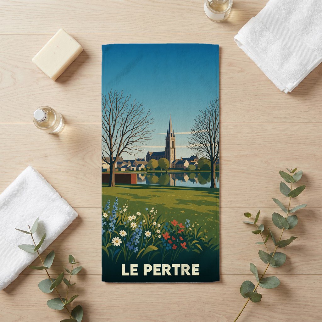 Serviette de bain souvenir de la ville du Pertre avec une illustration stylisée.