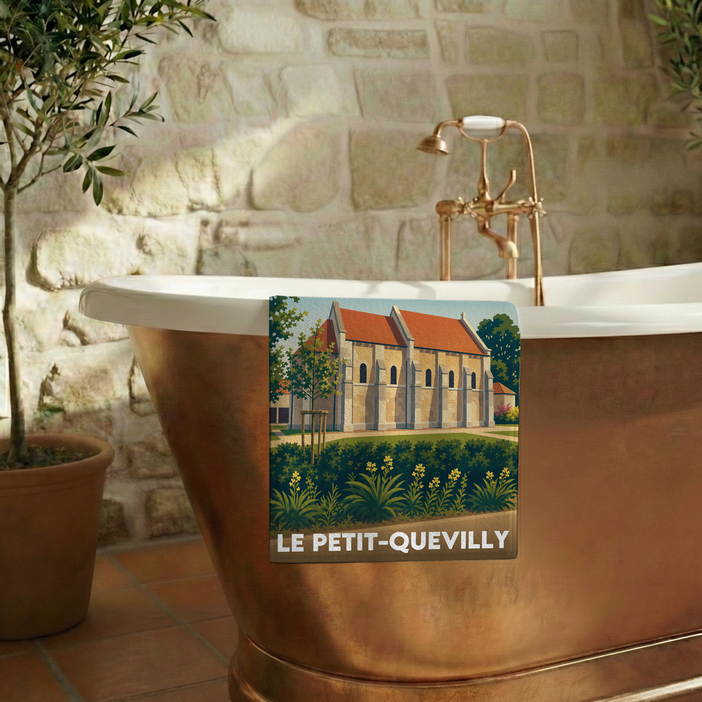 Serviette de bain souvenir de la ville de Le Petit-Quevilly avec une illustration stylisée de sa chapelle historique.