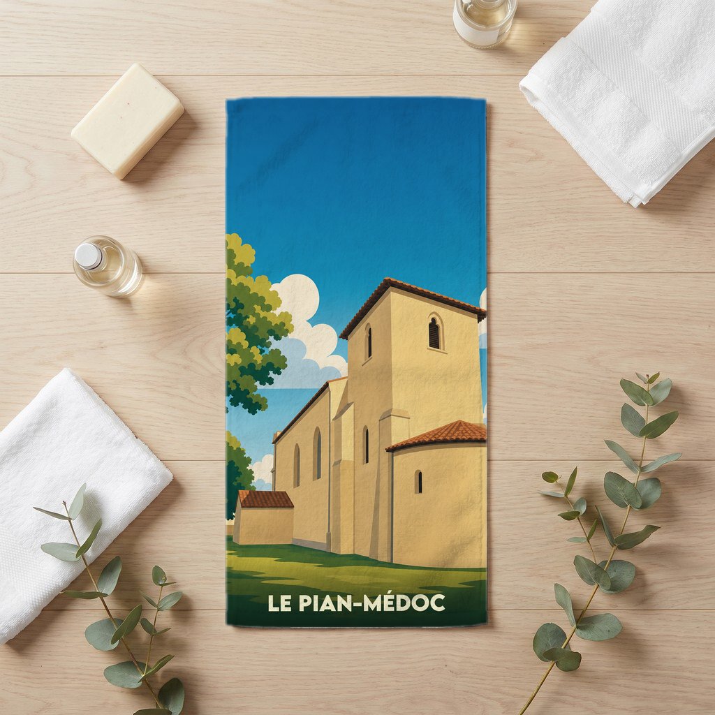 Serviette de bain souvenir de la ville de Le Pian-Médoc avec une illustration stylisée de son église.
