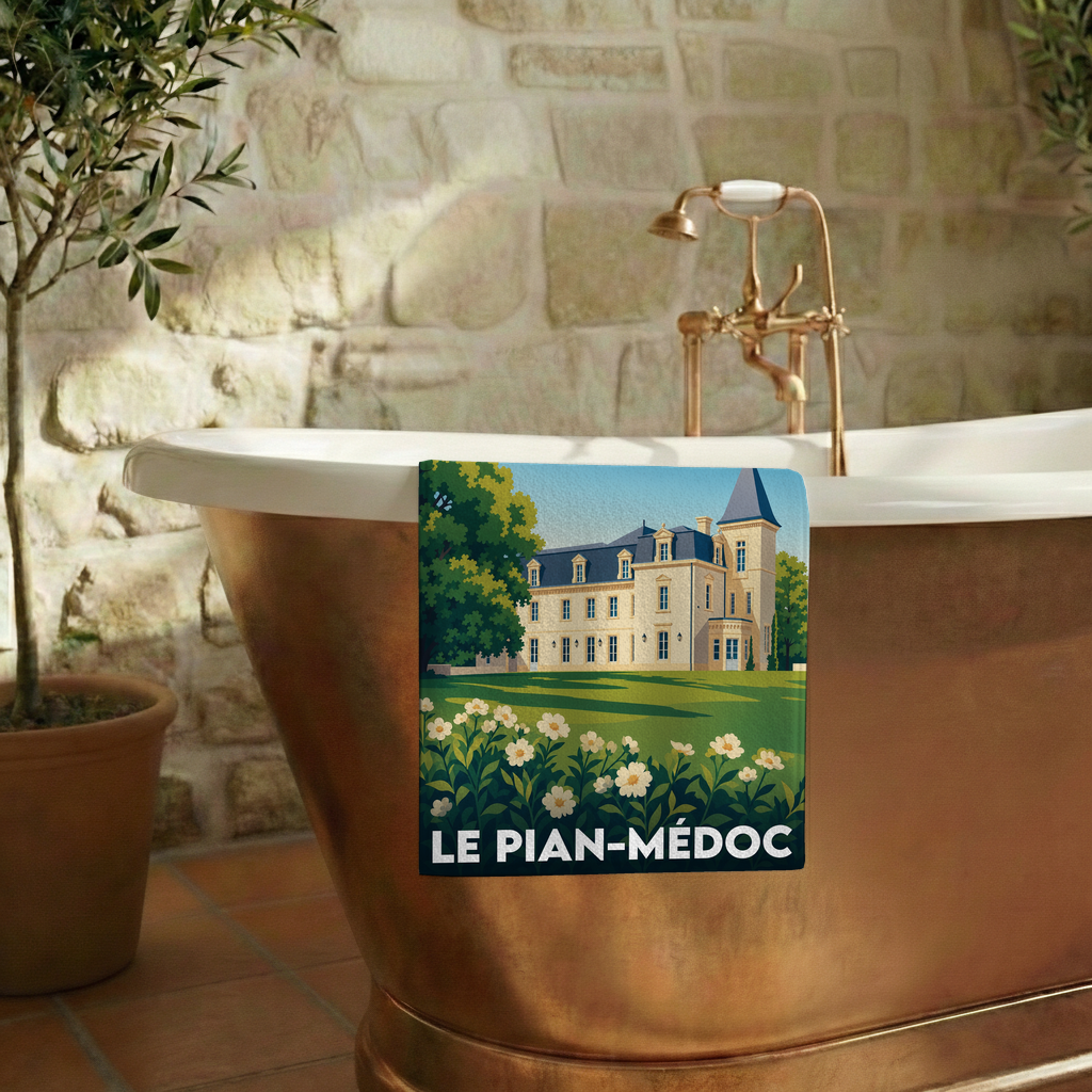 Serviette de bain souvenir de la ville de Le Pian-Médoc avec une illustration stylisée d'un château.