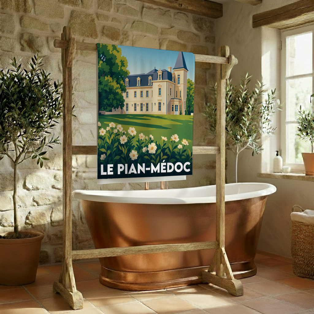 Serviette de bain souvenir de la ville de Le Pian-Médoc avec une illustration stylisée d'un château.