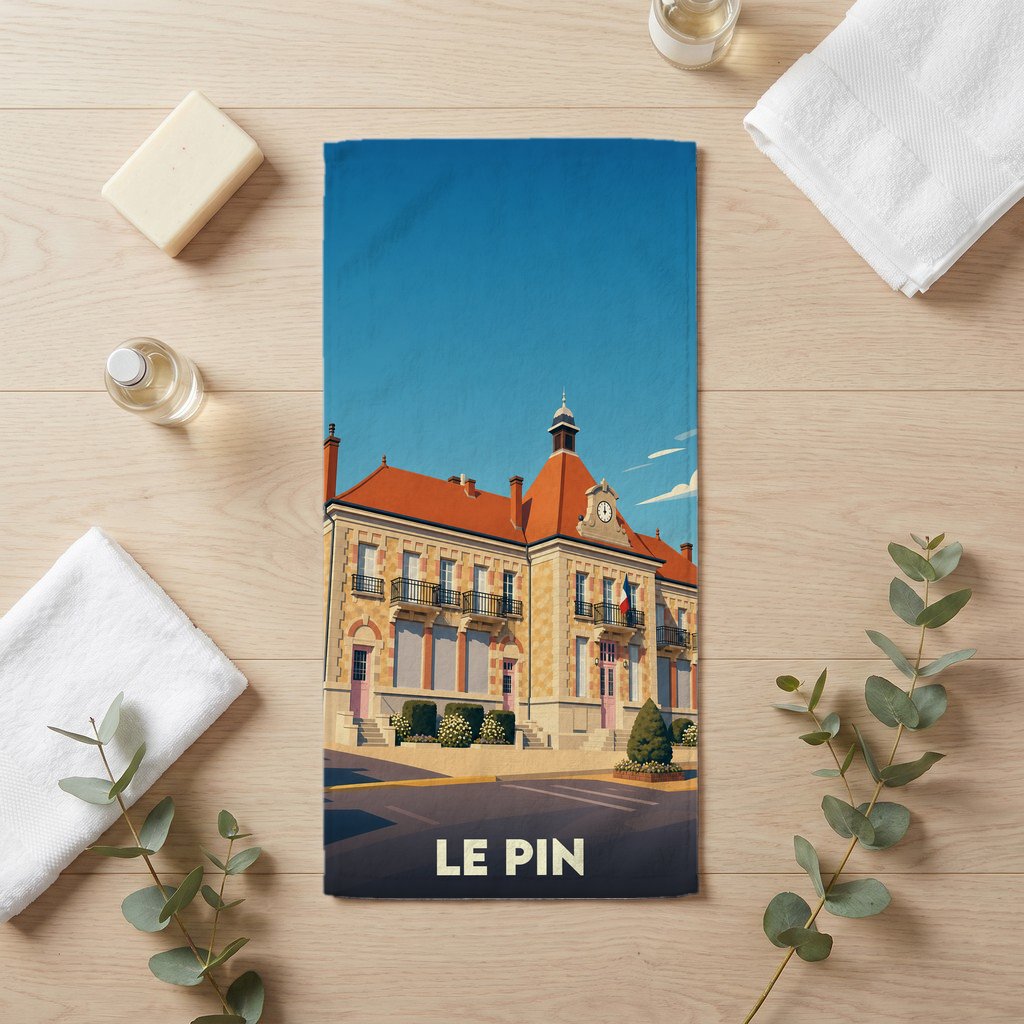 Serviette de bain souvenir de la ville de Le Pin avec une illustration stylisée.