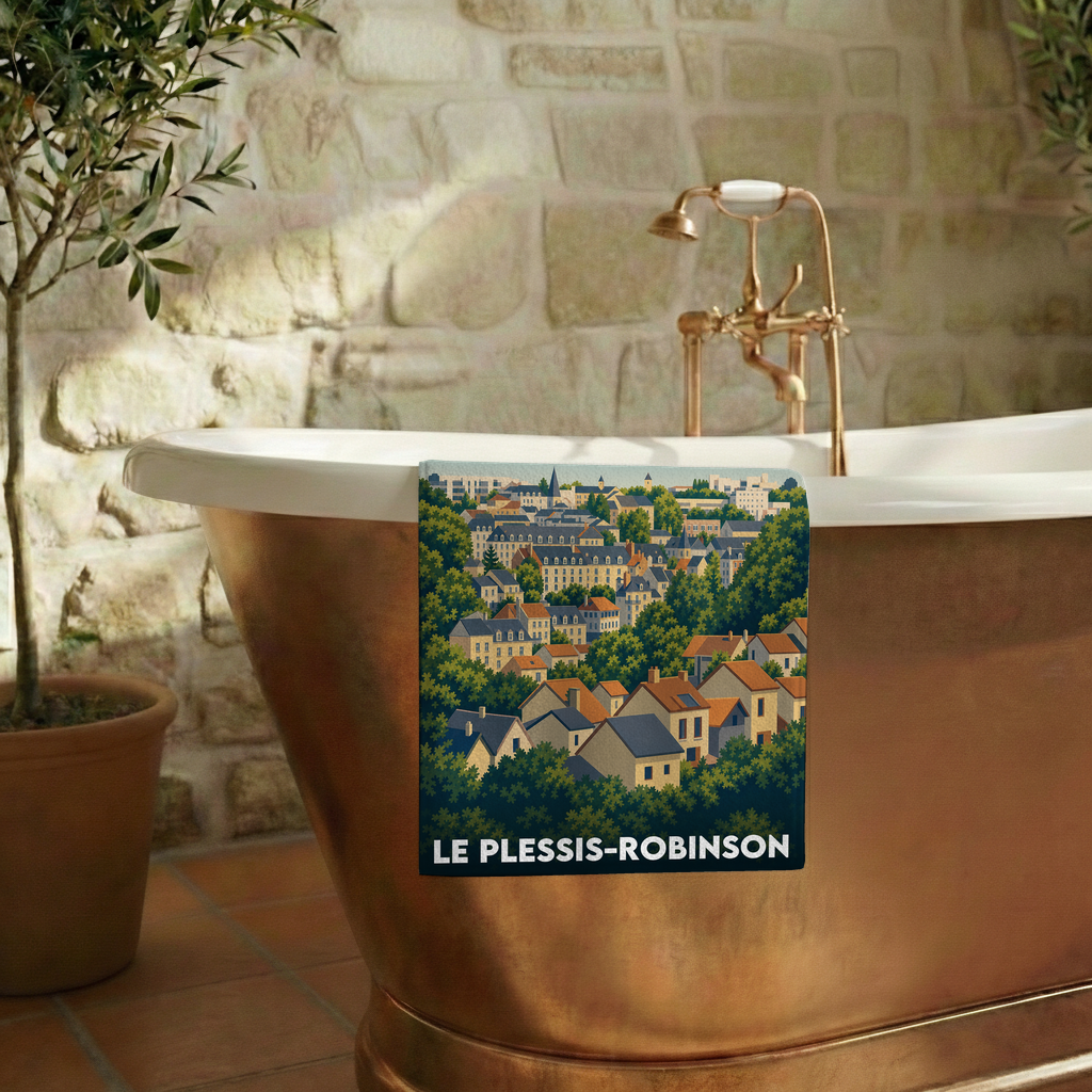 Serviette de bain souvenir de la ville de Le Plessis-Robinson avec une illustration stylisée.