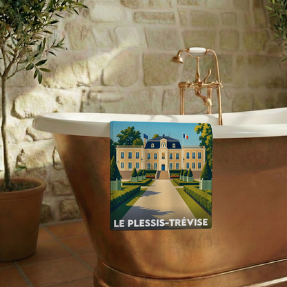 Serviette de bain souvenir de la ville de Le Plessis-Trévise avec une illustration stylisée.