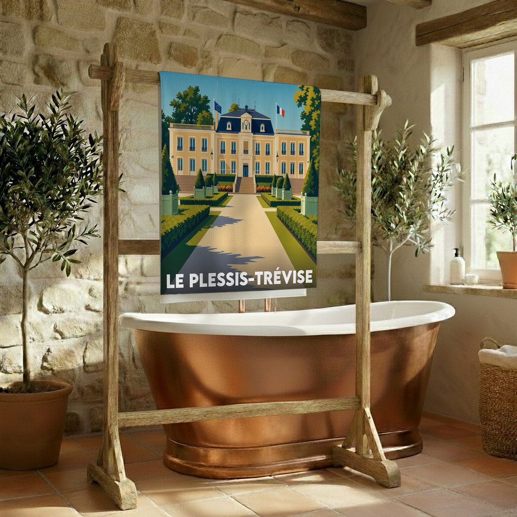 Serviette de bain souvenir de la ville de Le Plessis-Trévise avec une illustration stylisée.