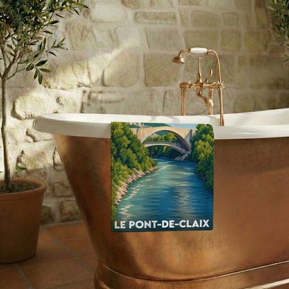 Serviette de bain souvenir de la ville de Le Pont-de-Claix avec une illustration stylisée.