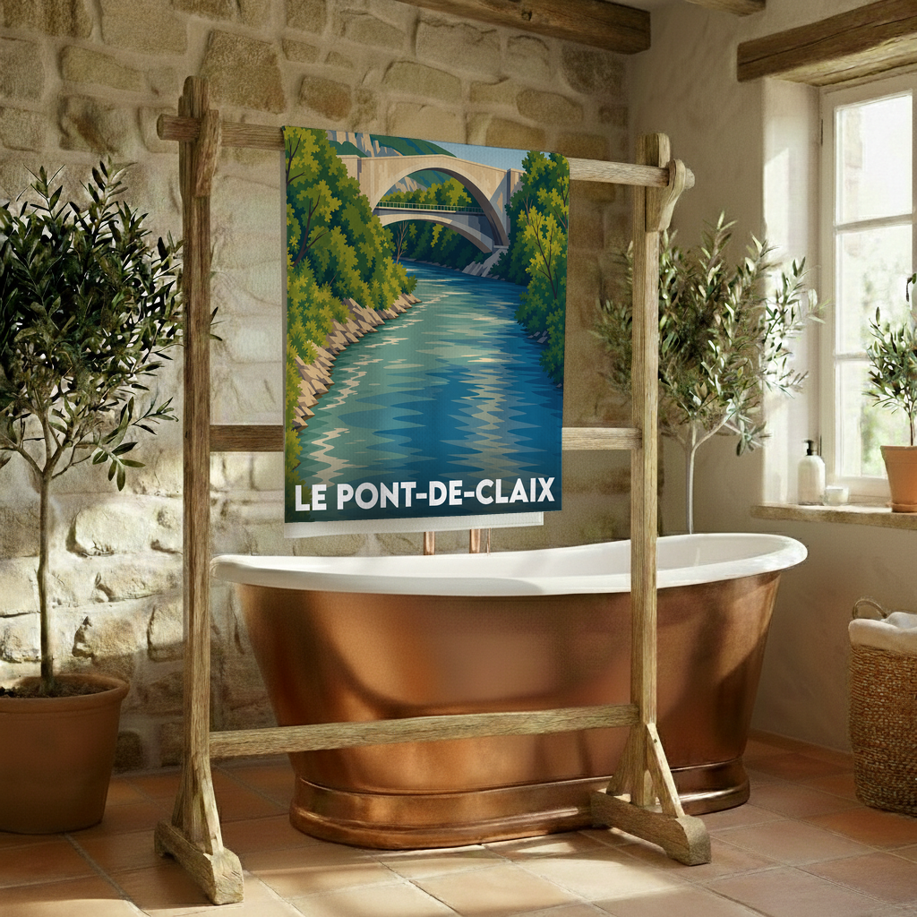 Serviette de bain souvenir de la ville de Le Pont-de-Claix avec une illustration stylisée de son célèbre pont.