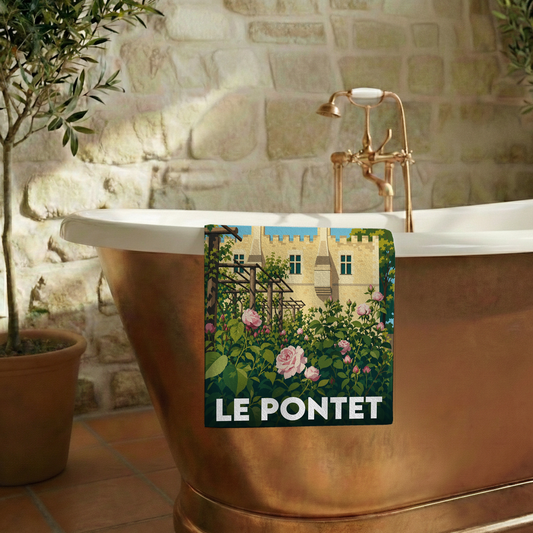 Serviette de bain souvenir de la ville de Le Pontet avec une illustration stylisée.