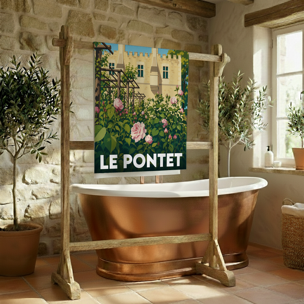 Serviette de bain souvenir de la ville de Le Pontet avec une illustration stylisée.
