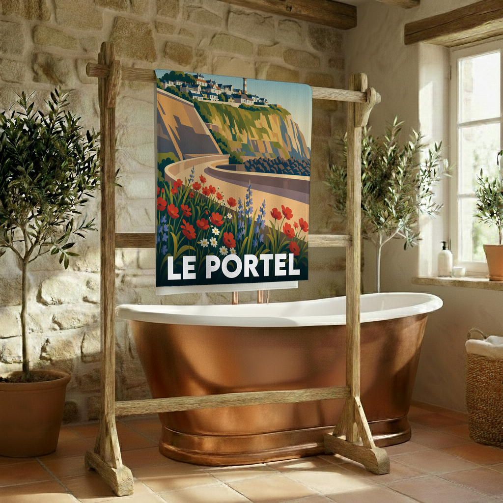 Serviette de bain souvenir de la ville de Le Portel avec une illustration stylisée.