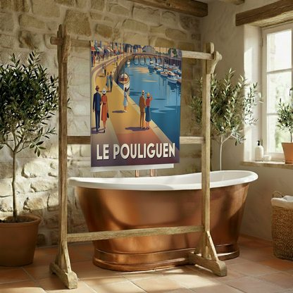 Serviette de bain souvenir de la ville de Le Pouliguen avec une illustration de style affiche de voyage vintage.