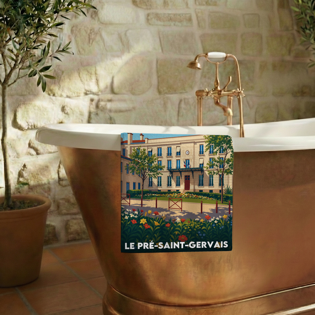 Serviette de bain souvenir de la ville de Le Pré-Saint-Gervais avec une illustration stylisée.
