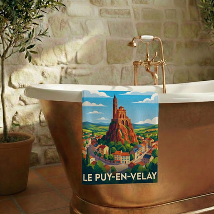 Serviette de bain souvenir de la ville de Le Puy-en-Velay avec une illustration stylisée.