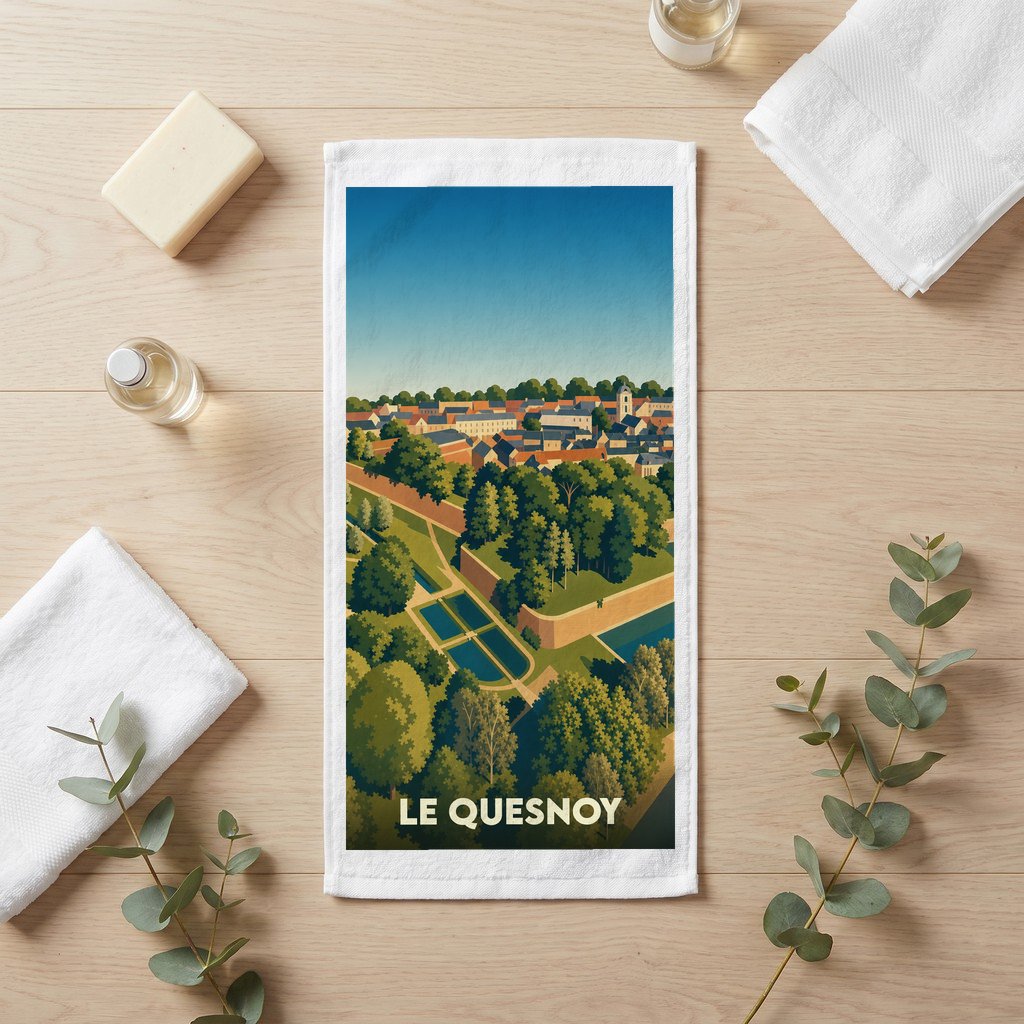 Serviette de bain souvenir de la ville de Le Quesnoy avec une illustration stylisée de ses remparts.