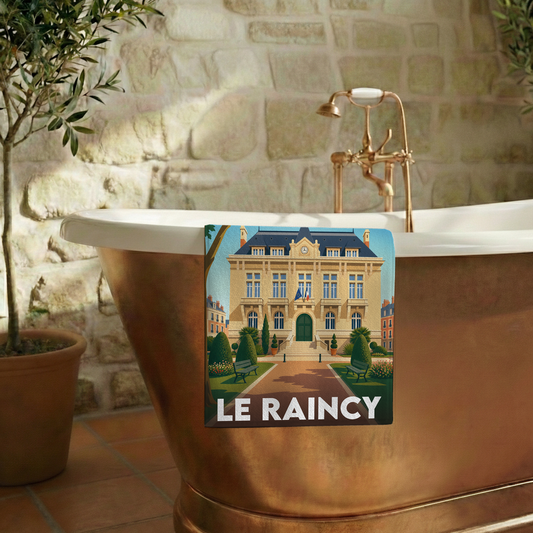 Serviette de bain souvenir de la ville de Le Raincy avec une illustration stylisée.