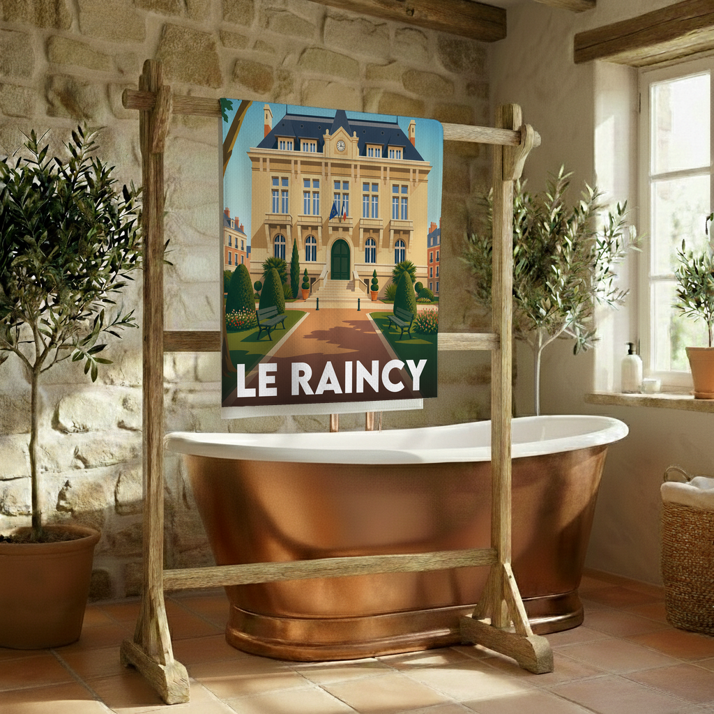 Serviette de bain souvenir de la ville de Le Raincy avec une illustration stylisée.