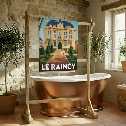 Serviette de bain souvenir de la ville de Le Raincy avec une illustration stylisée.