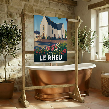 Serviette de bain souvenir de la ville de Le Rheu avec une illustration stylisée.