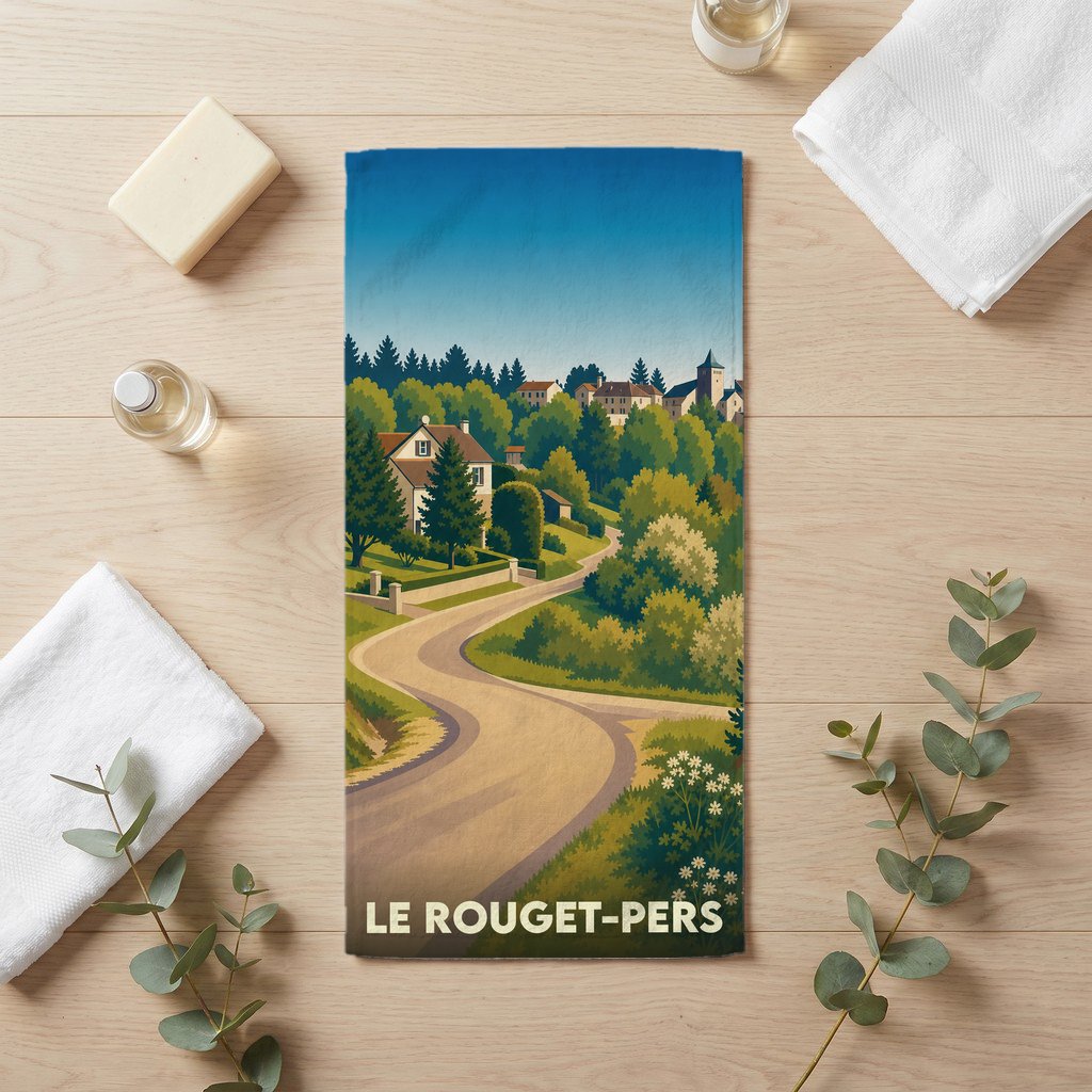 Serviette de bain souvenir de la ville de Le Rouget-Pers avec une illustration stylisée d'un paysage de campagne.