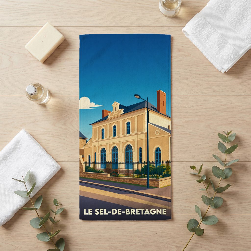 Serviette de bain souvenir de la ville de Le Sel-de-Bretagne avec une illustration stylisée.