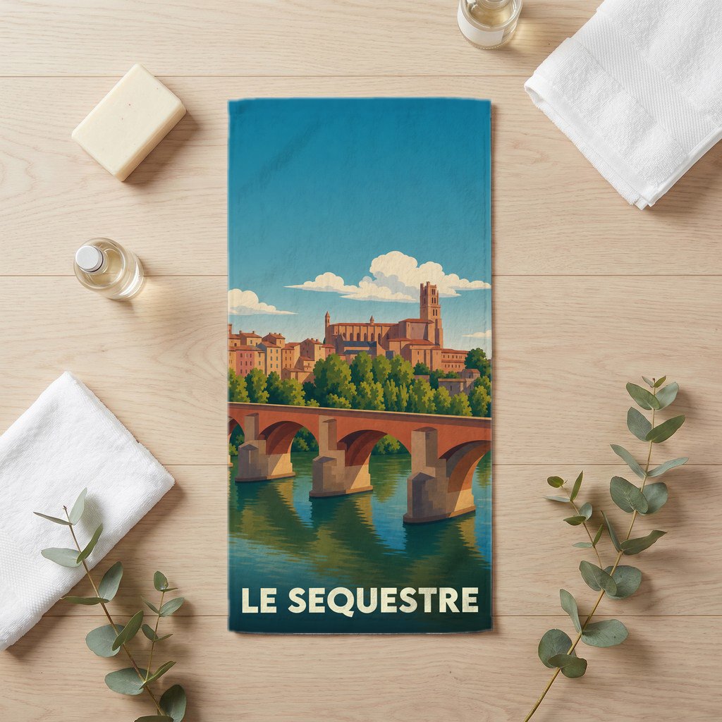 Serviette de bain souvenir de la ville de Le Sequestre avec une illustration stylisée d'un pont et de la cathédrale.