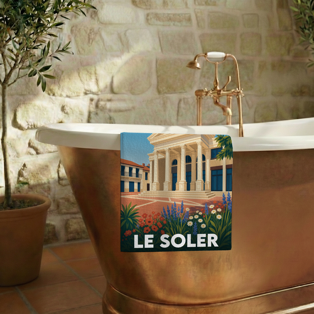 Serviette de bain souvenir de la ville de Le Soler avec une illustration stylisée de son architecture.