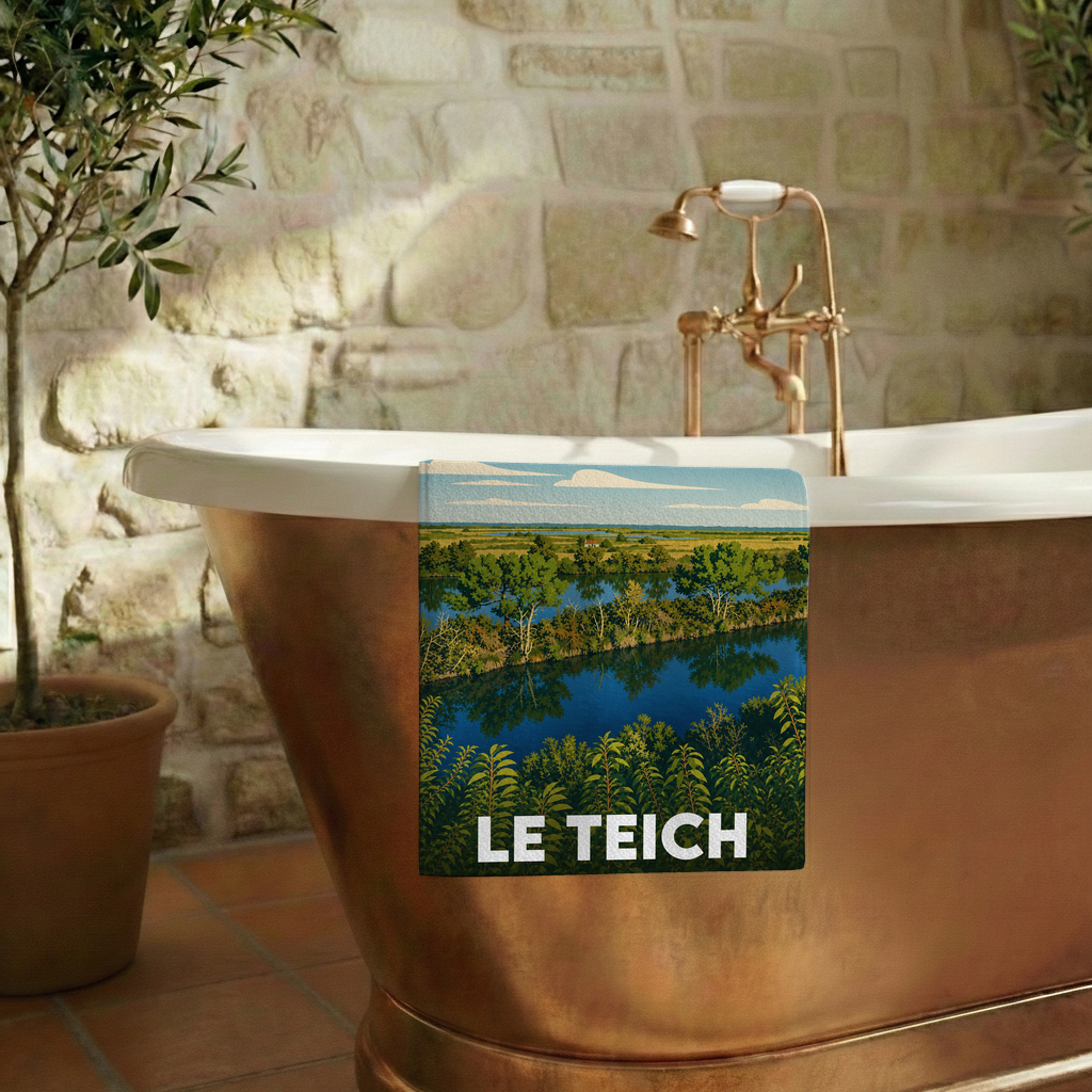 Serviette de bain souvenir de la ville de Le Teich avec une illustration stylisée d'un paysage naturel.