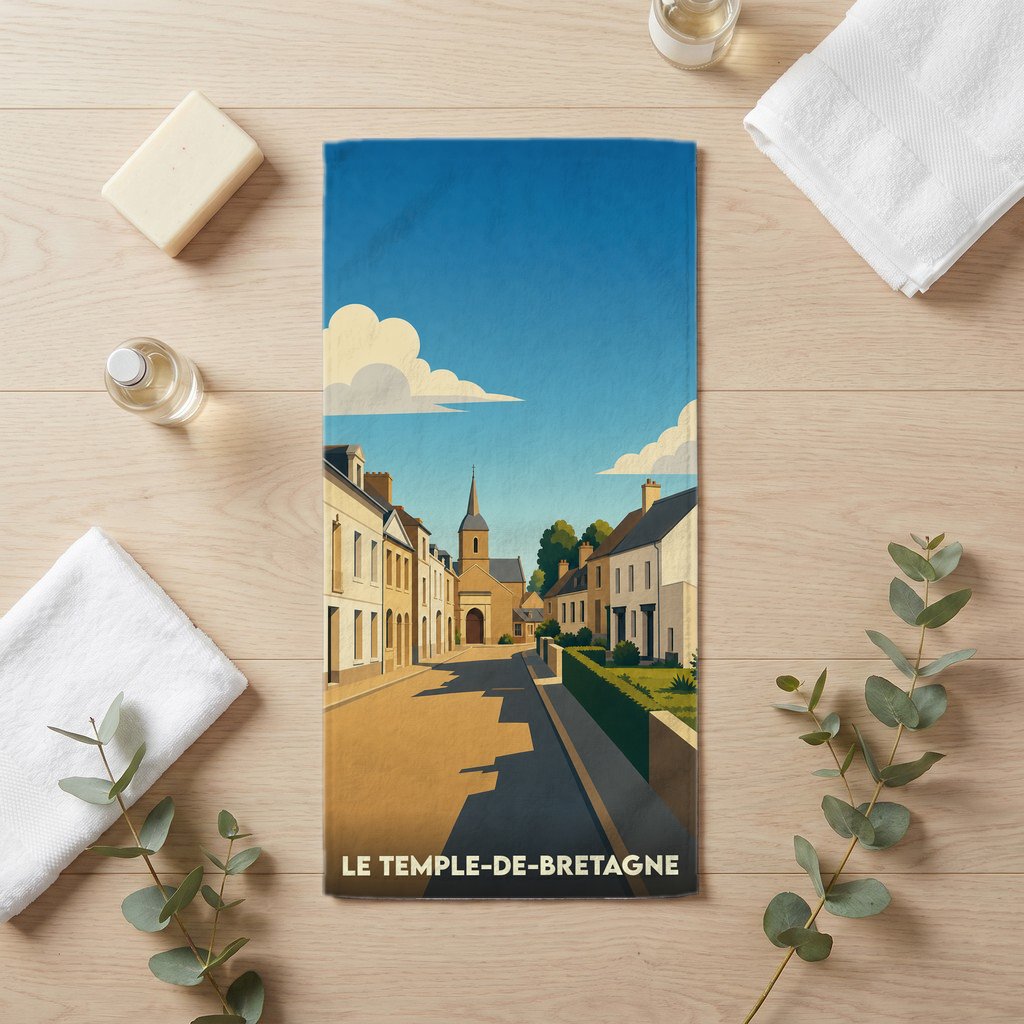 Serviette de bain souvenir de la ville de Le Temple-de-Bretagne avec une illustration stylisée.