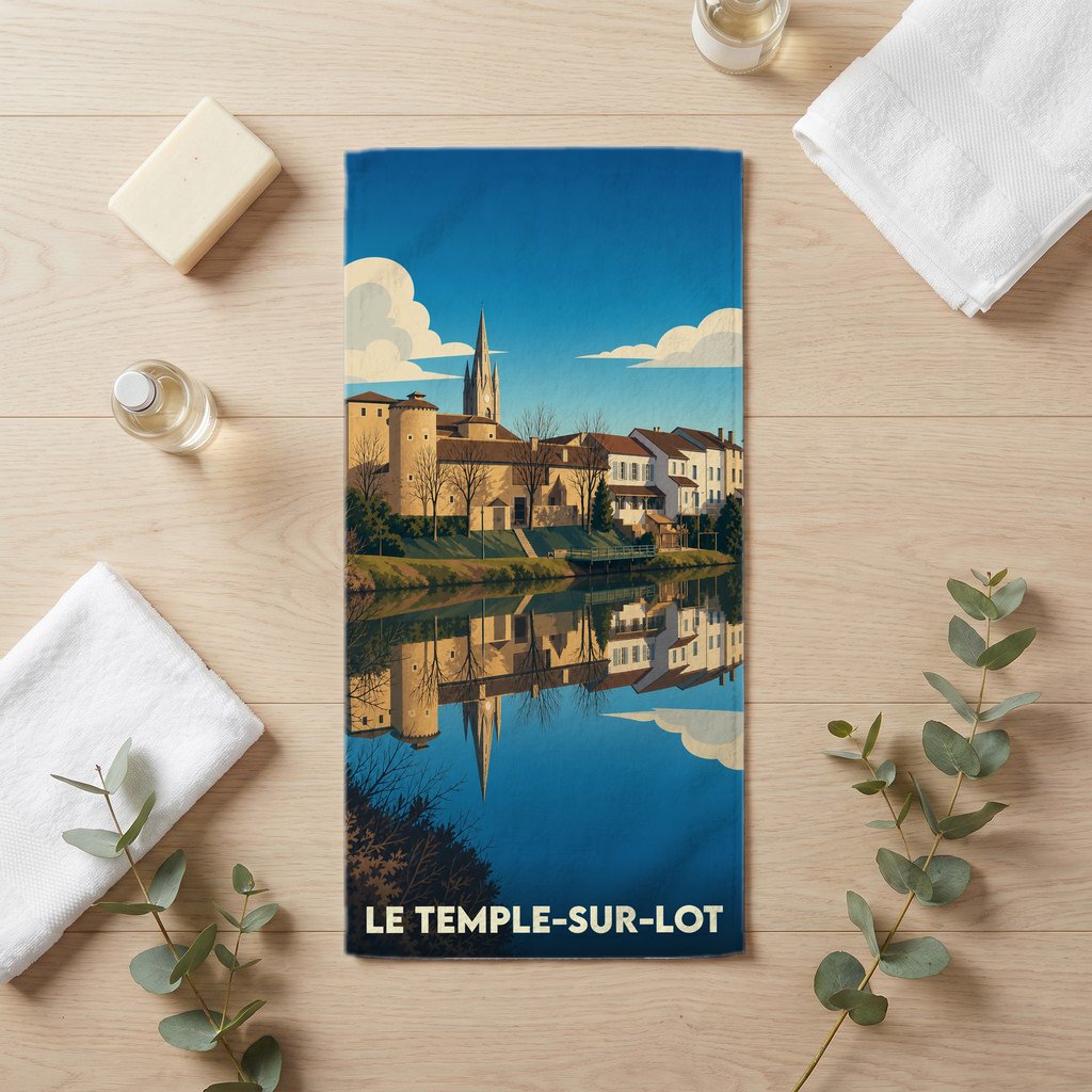 Serviette de bain souvenir de la ville de Le Temple-sur-Lot avec une illustration stylisée des bords du Lot.