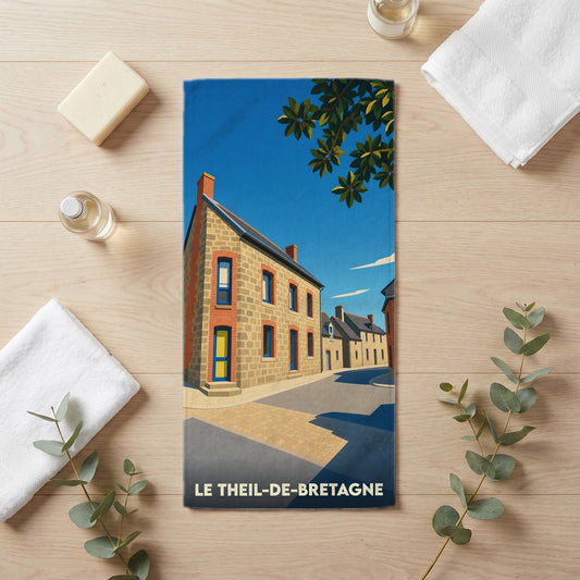 Serviette de bain souvenir de la ville de Le Theil-de-Bretagne avec une illustration stylisée.