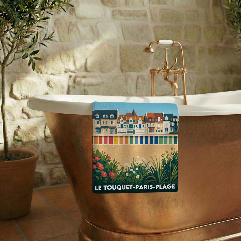 Serviette de bain souvenir de la ville de Le Touquet-Paris-Plage avec une illustration stylisée.