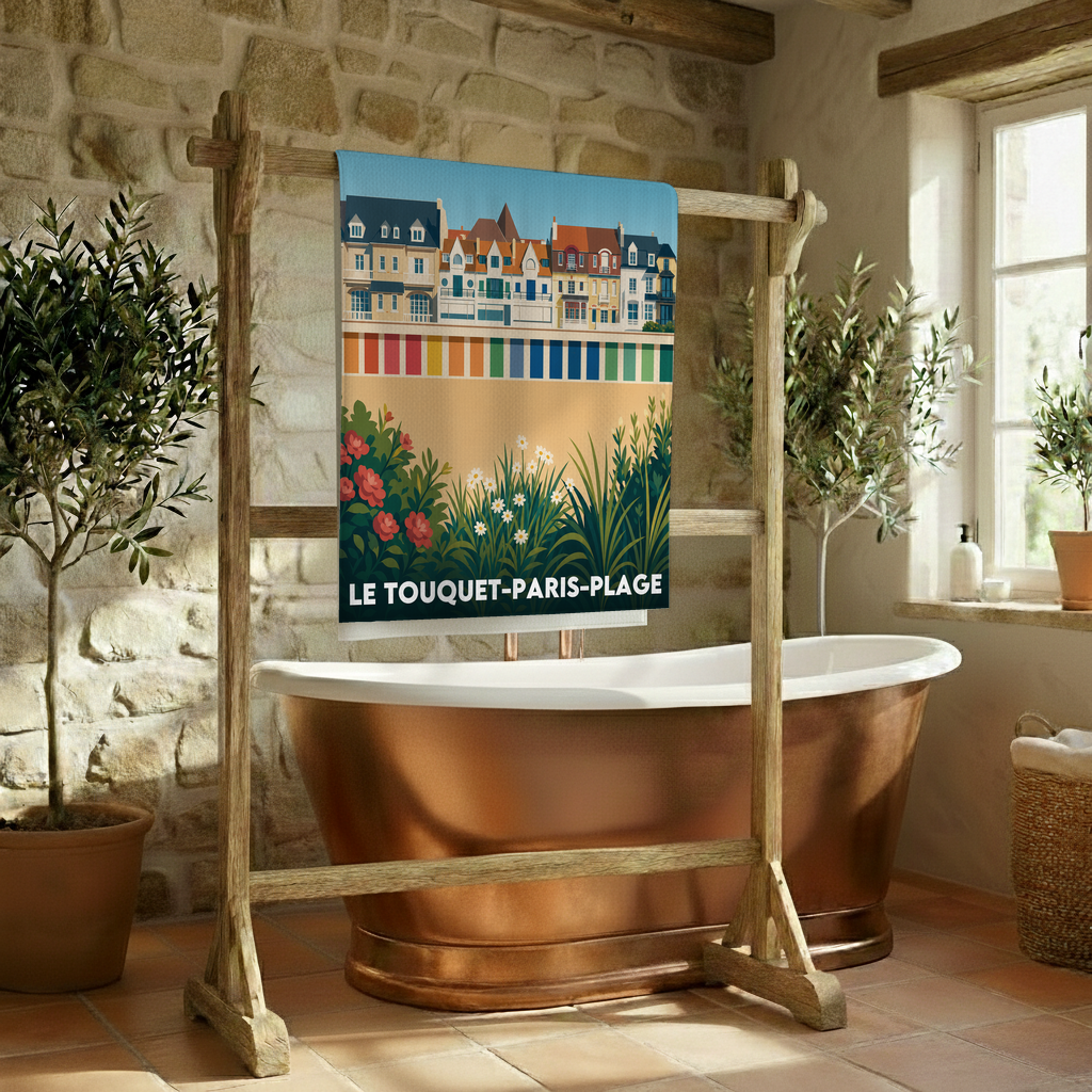Serviette de bain souvenir de la ville de Le Touquet-Paris-Plage avec une illustration stylisée.
