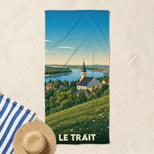 Serviette de bain souvenir de la ville de Le Trait avec une illustration stylisée de son église et de la Seine.