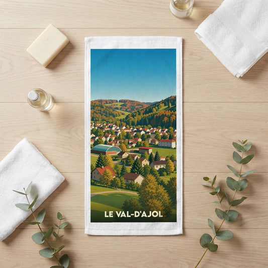Serviette de bain souvenir de la ville de Le Val-d'Ajol avec une illustration paysagère stylisée.