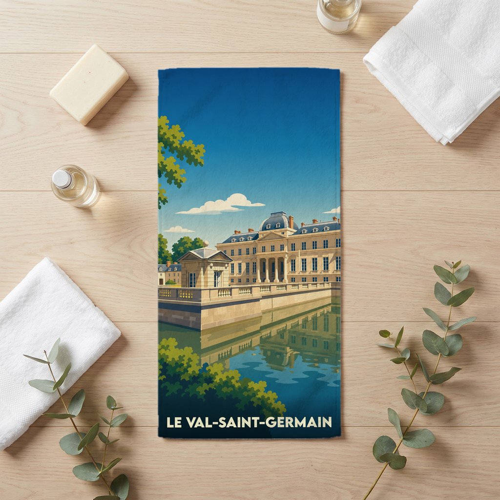 Serviette de bain souvenir de la ville de Le Val-Saint-Germain avec une illustration stylisée d'un château.