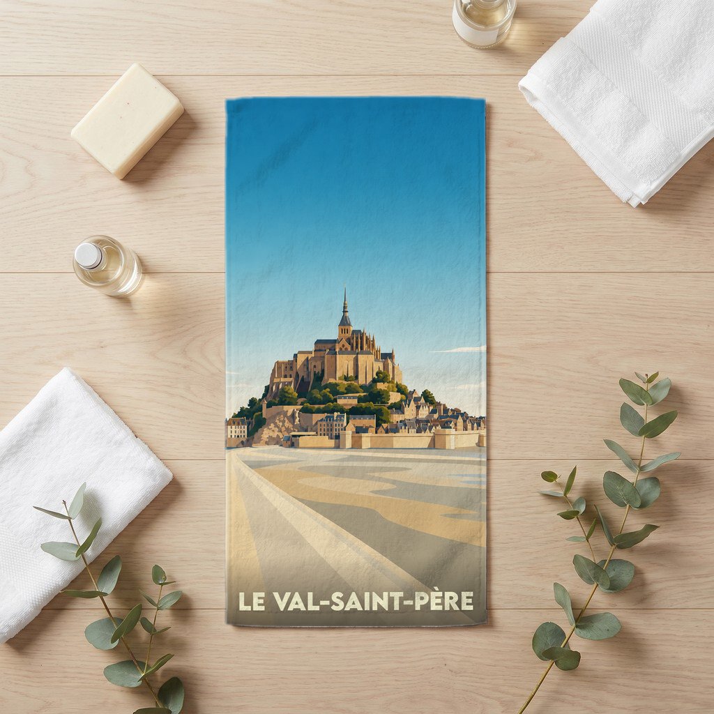 Serviette de bain souvenir de la ville de Le Val-Saint-Père avec une illustration stylisée du Mont-Saint-Michel.
