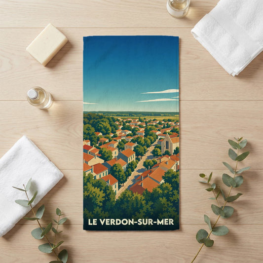 Serviette de bain souvenir de la ville de Le Verdon-sur-Mer avec une illustration stylisée.
