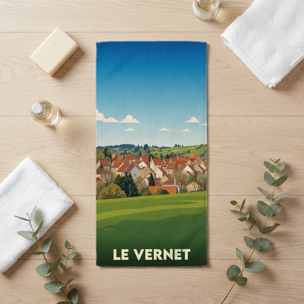 Serviette de bain souvenir de la ville de Le Vernet avec une illustration stylisée.