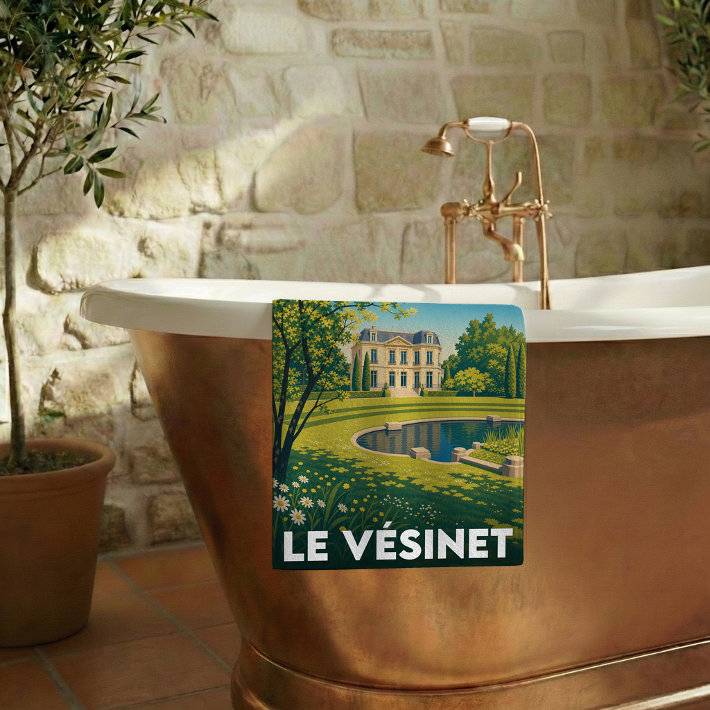Serviette de bain souvenir de la ville de Le Vésinet avec une illustration stylisée d'un château et de son parc.
